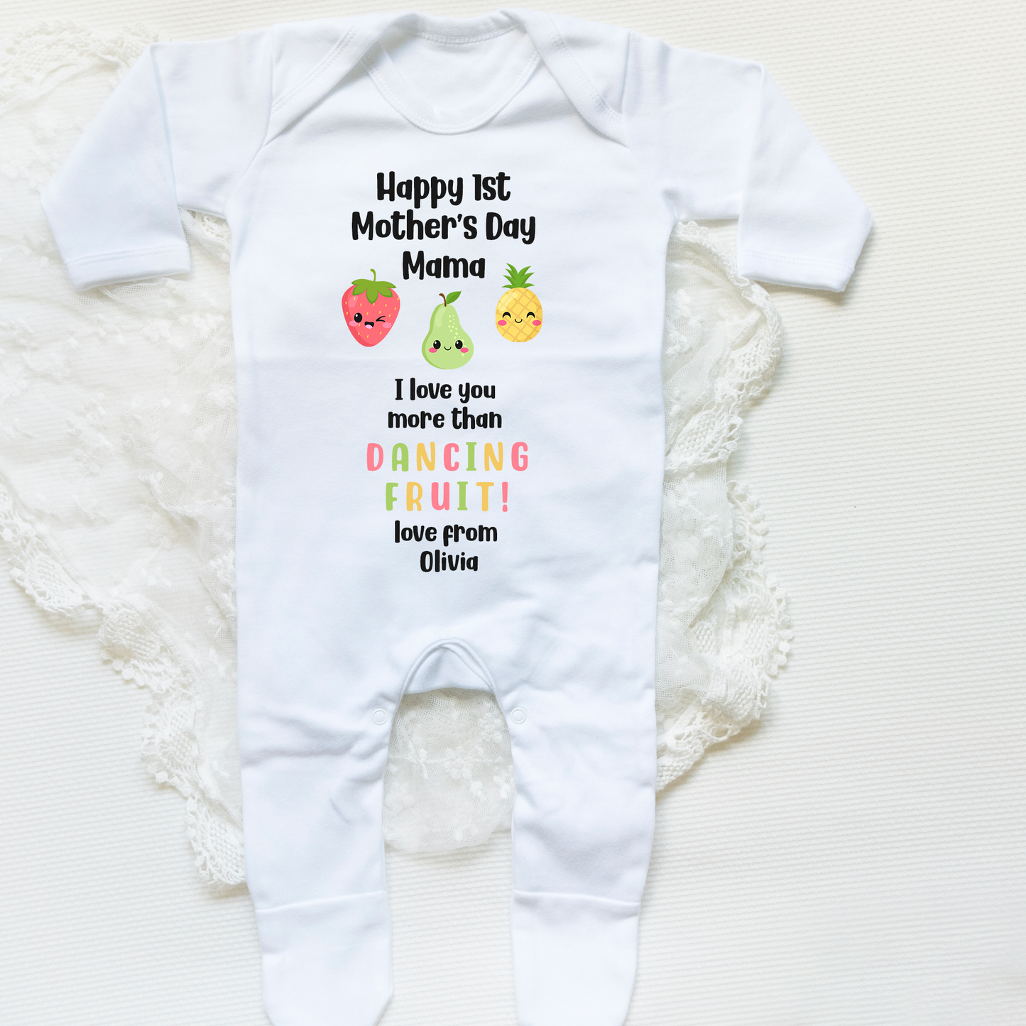 Happy 1st Mother's Day Mommy - I love you more than Dancing Fruit baby onesie / sleepsuit