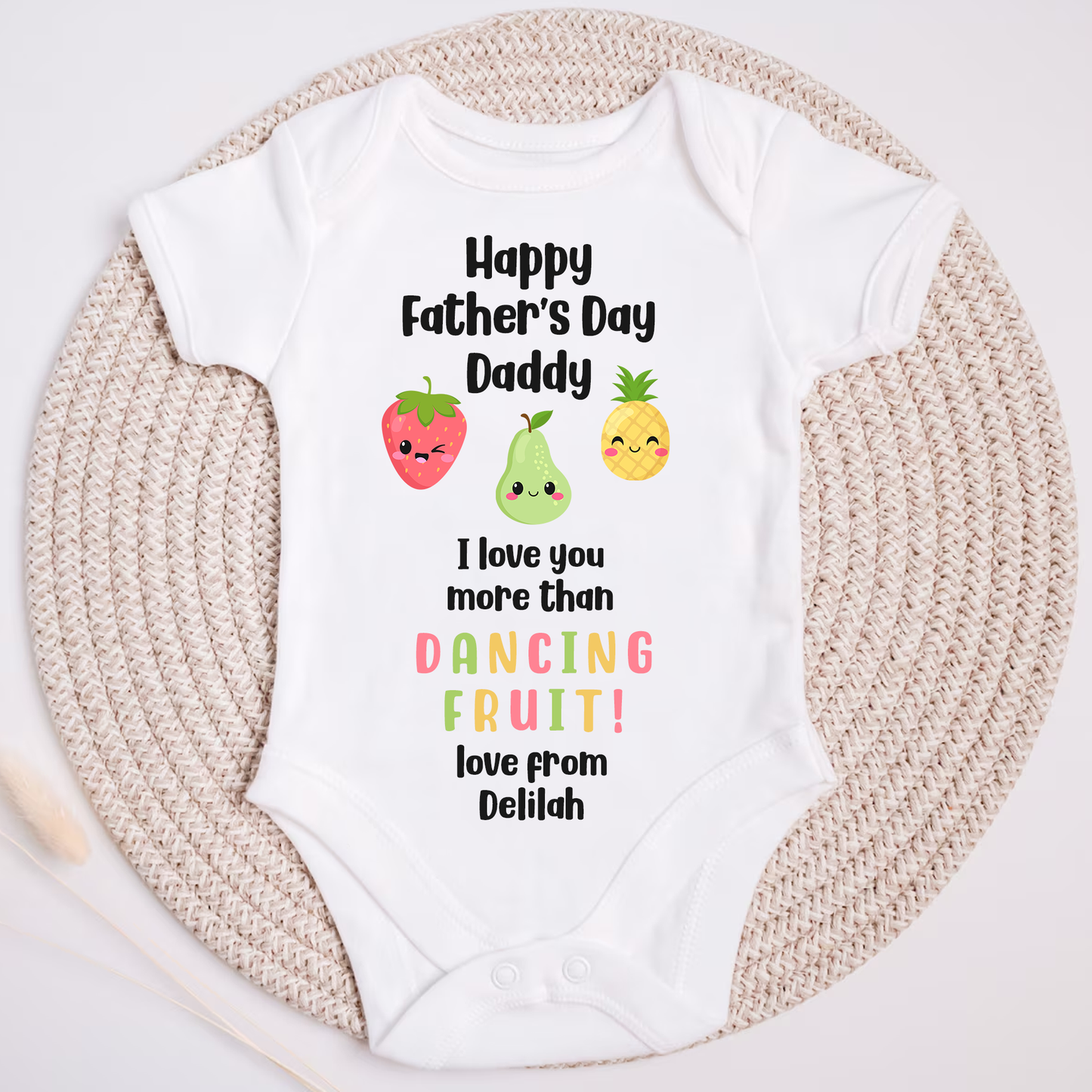 Happy 1st Father's Day Daddy - I love you more than Dancing Fruit baby onesie / sleepsuit