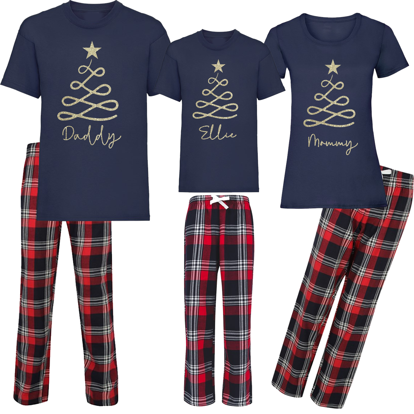 Personalized Gold Glitter Tree Design - Tartan Family Matching PJs
