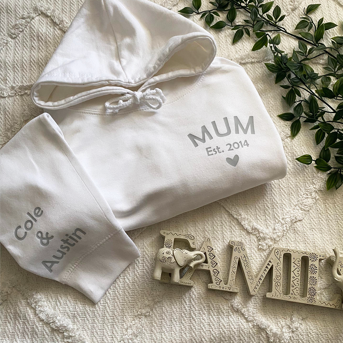 Personalized Mama Est Hoodie with Sleeve Print