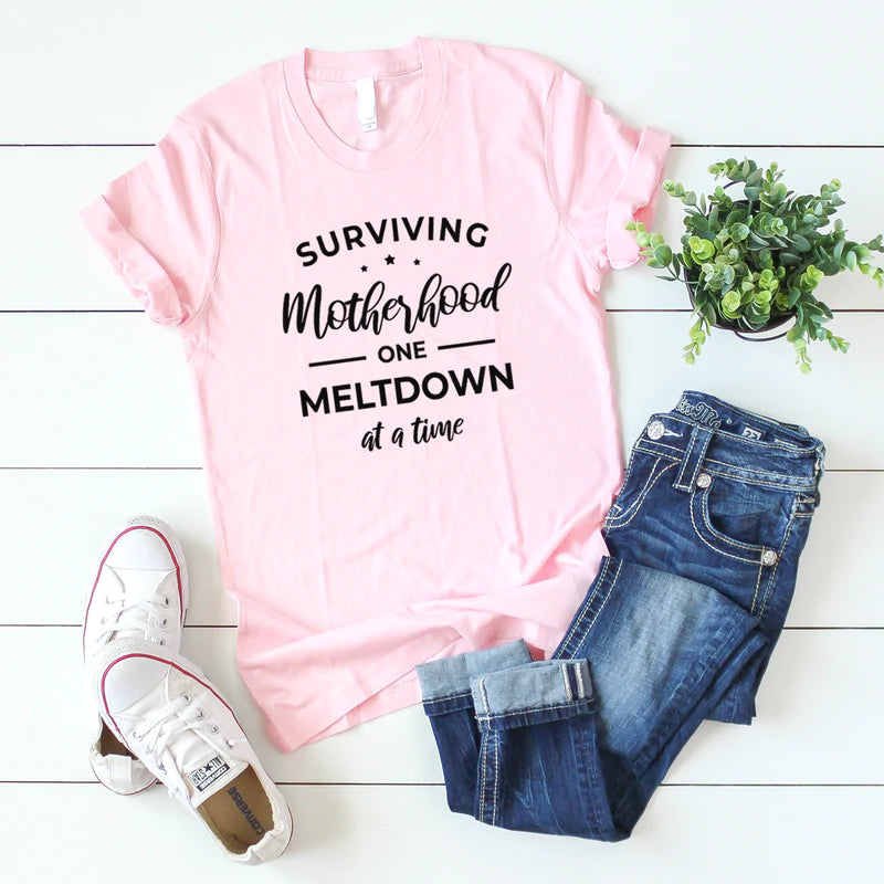 Surviving Motherhood - one meltdown at a time pink t-shirt