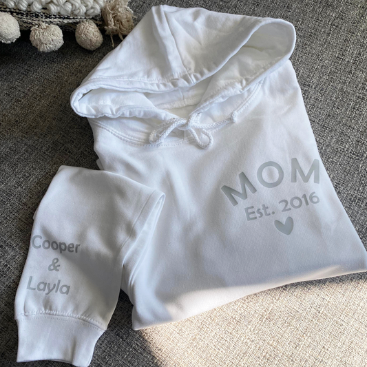 Personalized Mama Est Hoodie with Sleeve Print