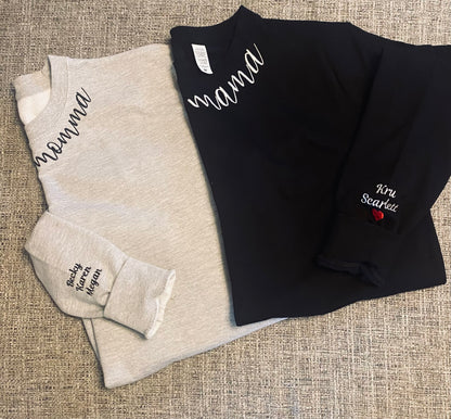 Personalized Mama Neck Sweatshirt with the Kids Names on sleeves!