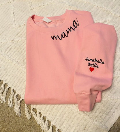 Personalized Mama Neck Sweatshirt with the Kids Names on sleeves!