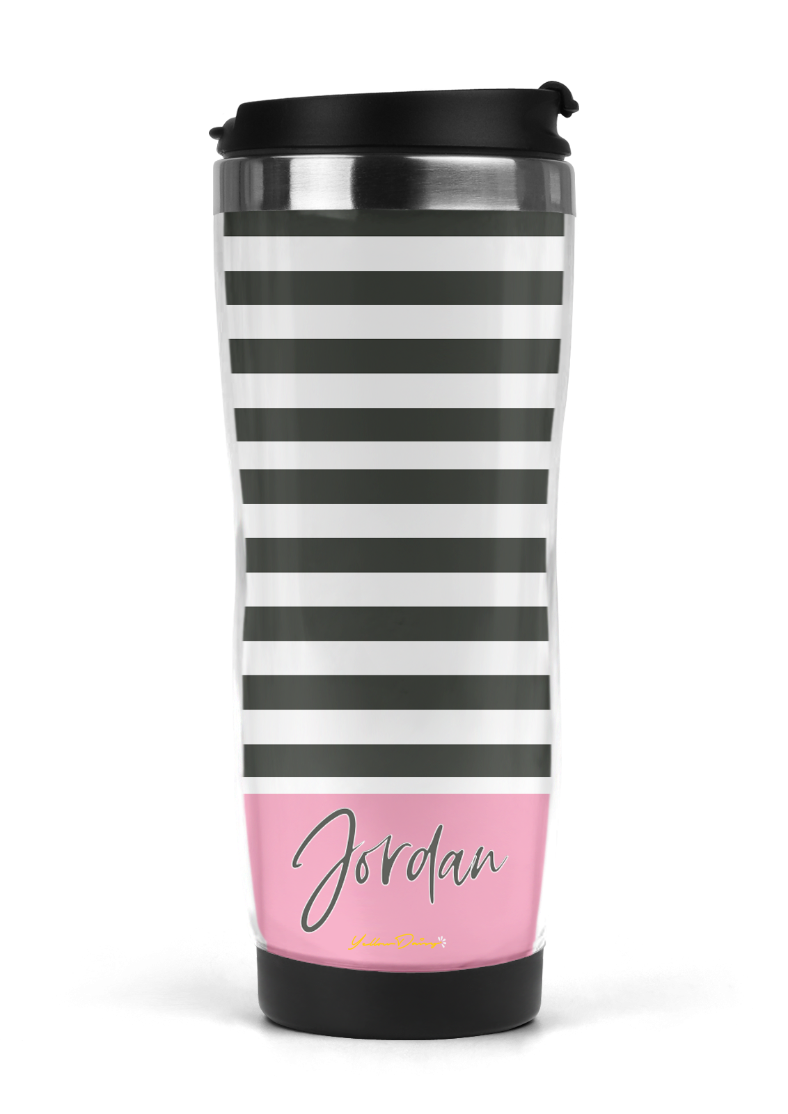 Grey & Pink Stripe Personalized Name Travel Mug/Tumbler