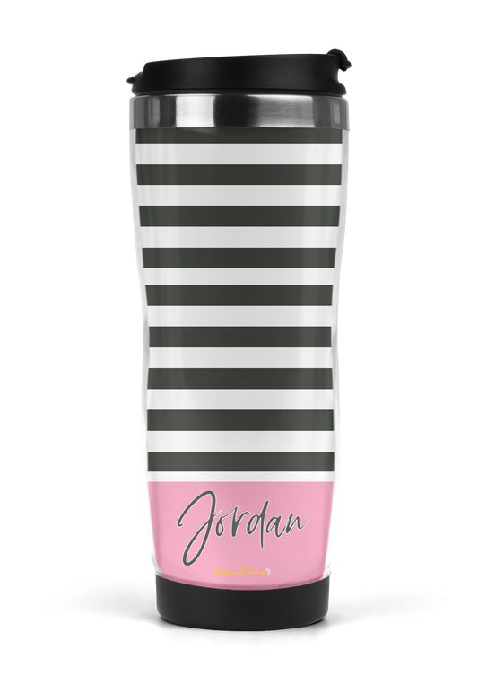 Grey & Pink Stripe Personalized Name Travel Mug/Tumbler