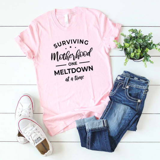 Surviving Motherhood - one meltdown at a time pink t-shirt